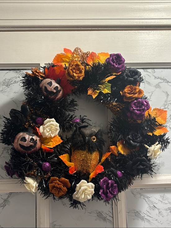 Other - Custom By MeHalloween Wreath Orange Wrap Owl TwoPumpkins SixSpiders AutumnLeaves